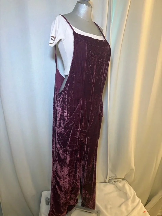 Free People Velvet Jumpsuit Wide Leg Burgundy Boho Overalls Adjustable Large - Picture 4 of 11